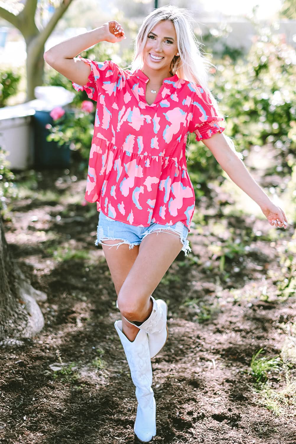 Rose Abstract Print Smocked Puff Sleeve V Neck Blouse - Love Salve